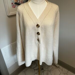 Madewell Cream V-Neck Button Ribbed Sweater